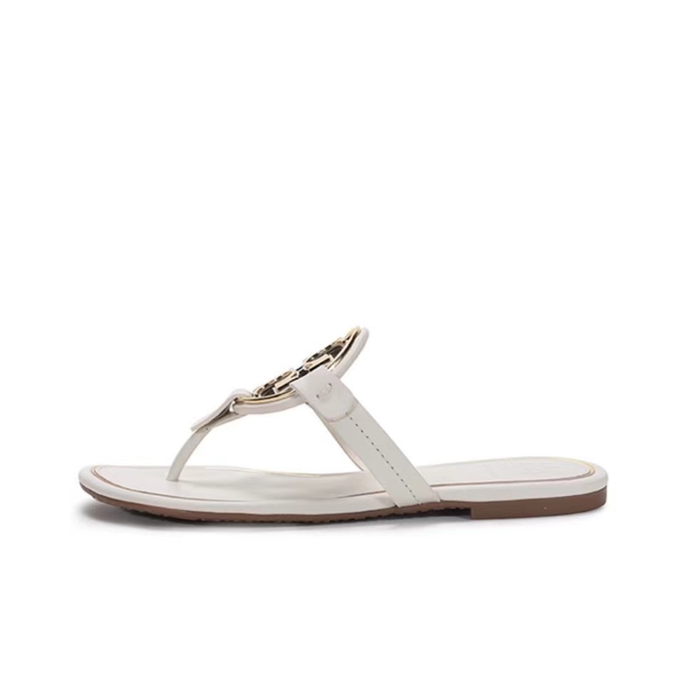 Tory Burch Leather Metal Double T Logo Flip-flops Sandals Slide - Image 2