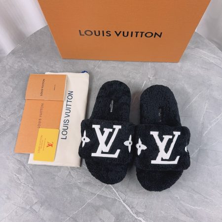 LV His & Hers Furry Slippers Sandals Black