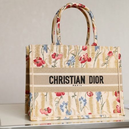 Dior Book Tote Natural Multicolor Raffia Embroidered With Dior Petites Fleurs