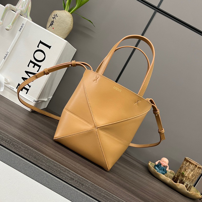 Loewe Mini Puzzle Fold Tote in shiny calfskin Brown - Image 2