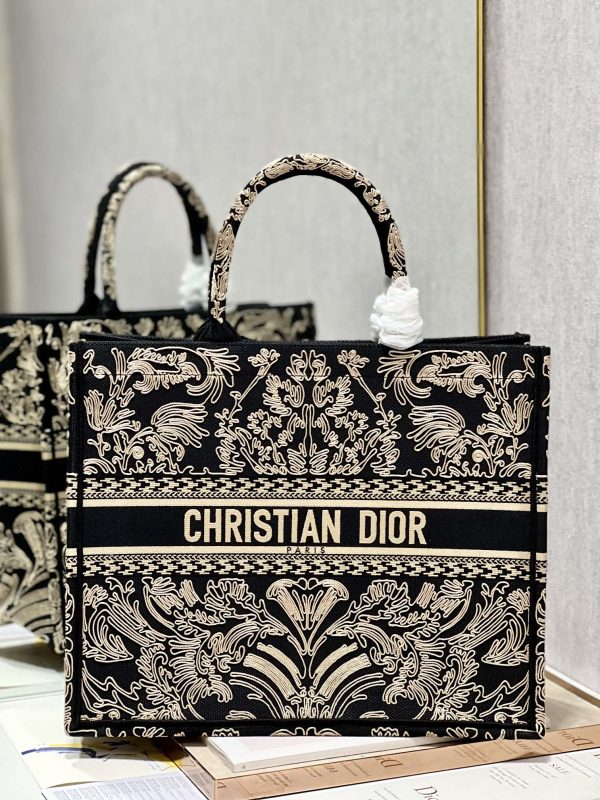 Dior Book Tote Large Black and White Ornamental Cornely-Effect Embroidery