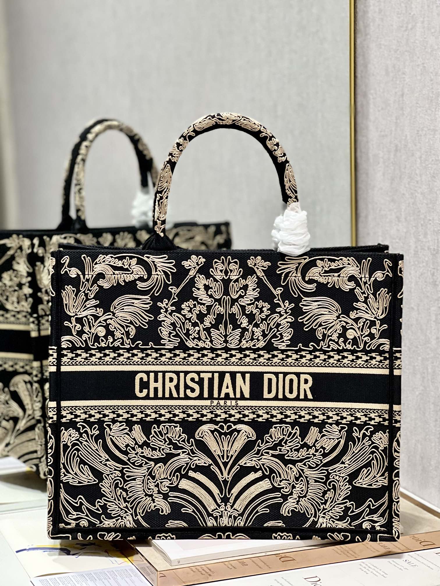 Dior Book Tote Large Black and White Ornamental Cornely-Effect Embroidery - Image 1