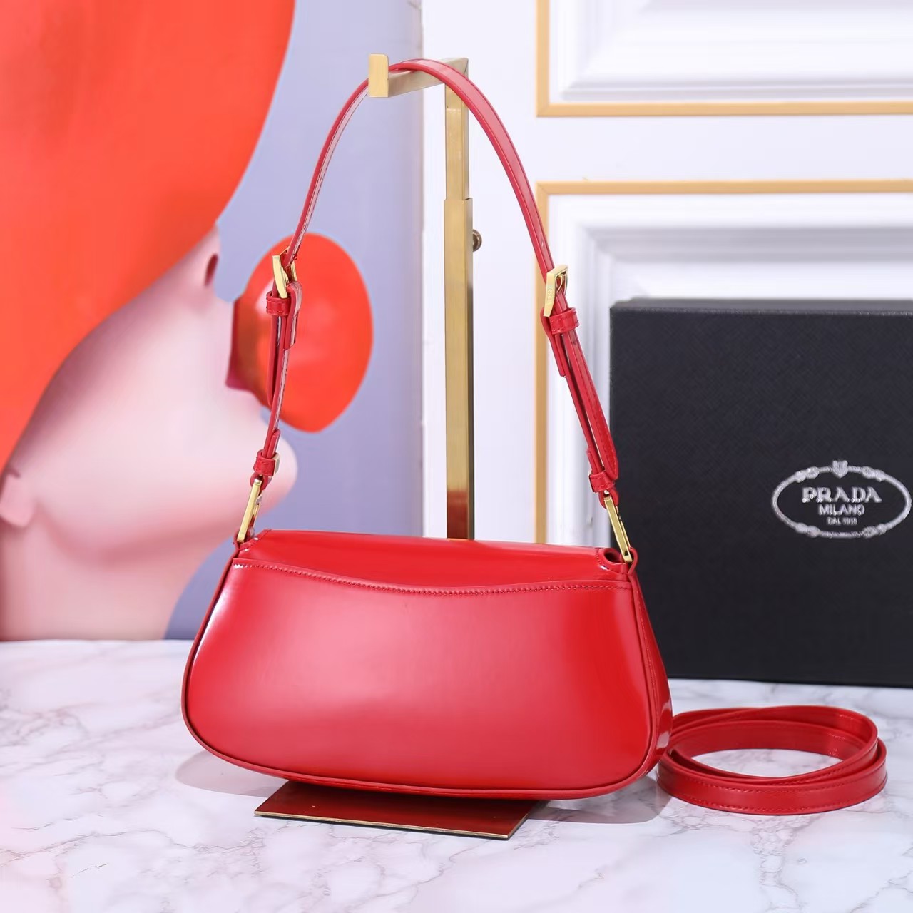 Prada Vernice Triangle Logo Flap Adjustable Strap Shoulder Bag Cherry - Image 3