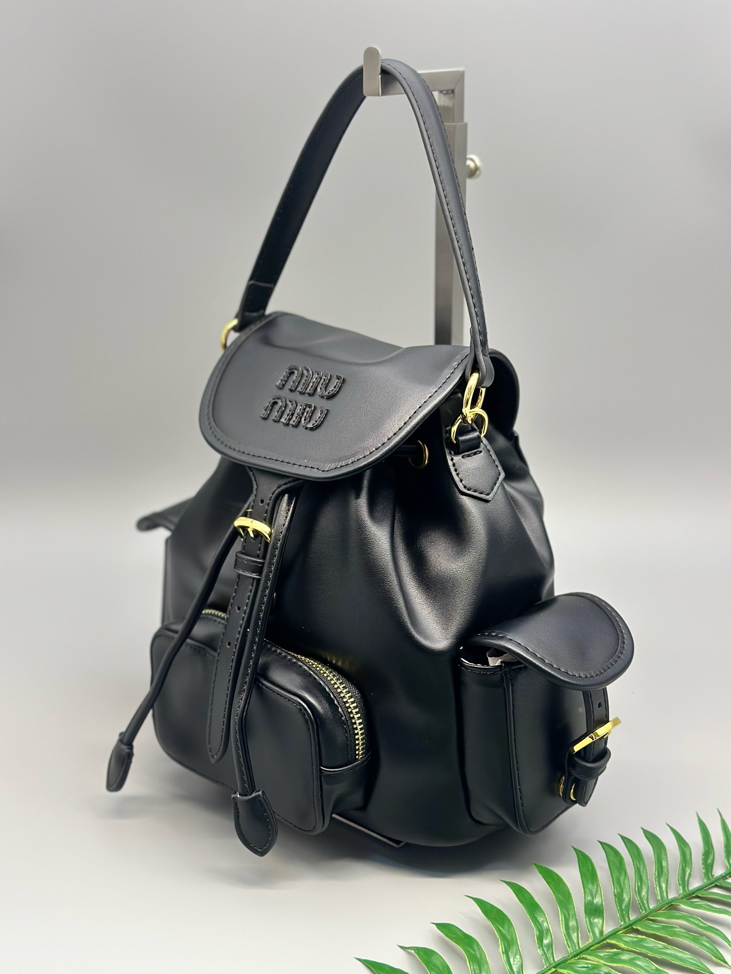 Miu Miu Leather Backpack Black / Cognac - Image 2