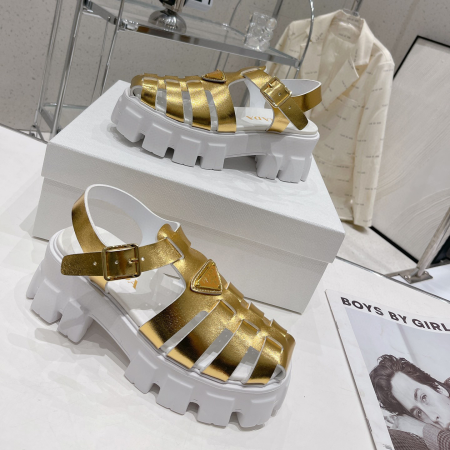 Prada  Leather Round Head Buckle Sandals Slide - Image 3