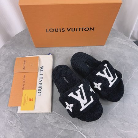 LV His & Hers Furry Slippers Sandals Black - Image 3