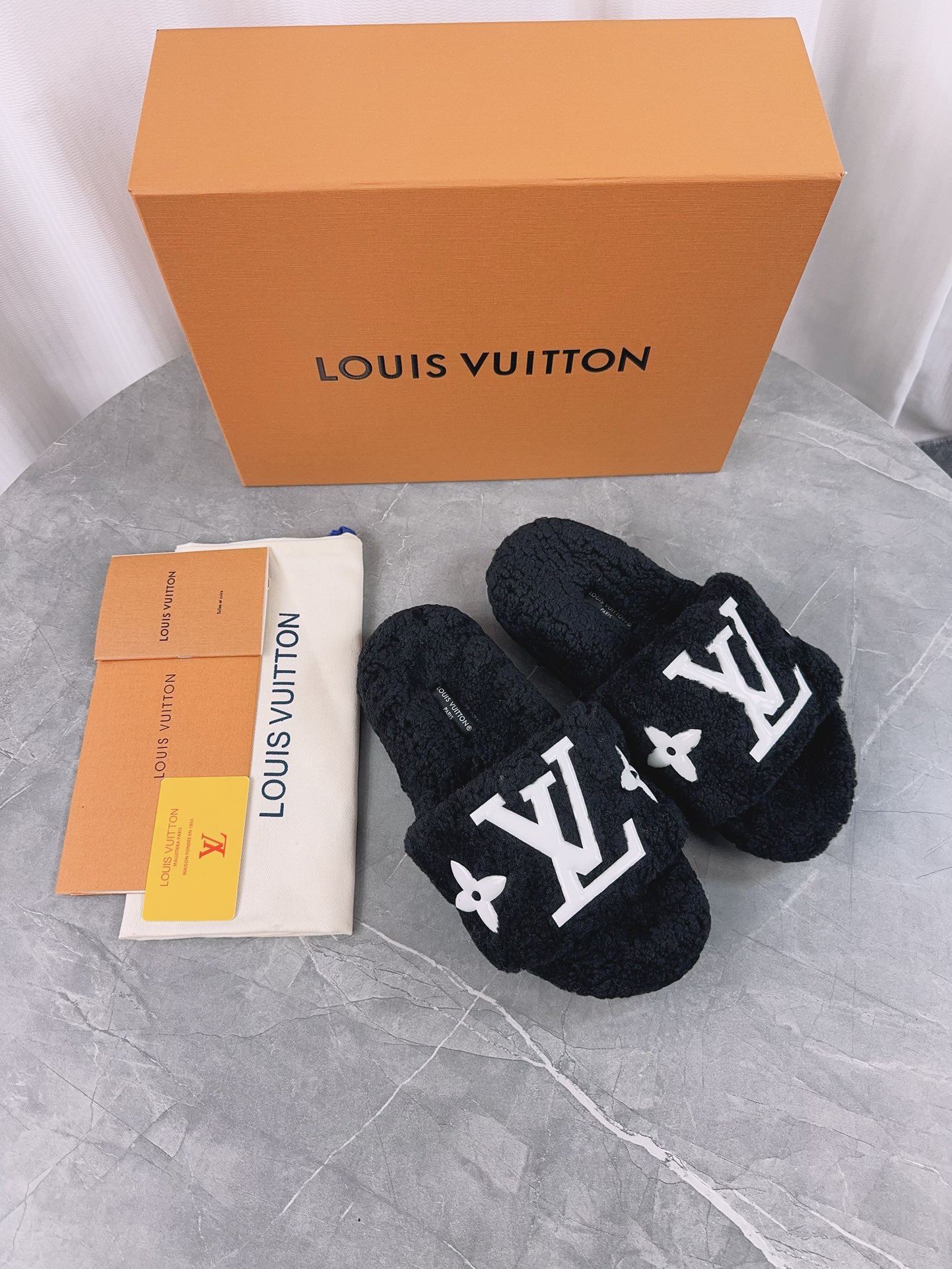 LV His & Hers Furry Slippers Sandals Black - Image 3