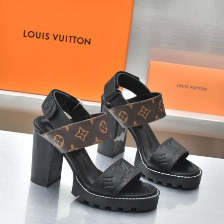 LV Leather Chunky Heel Velcro Slide Sandal