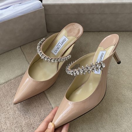 Jimmy Choo Bing 100 Ballet Pink Patent Leather Mules with Crystal Strap - Image 4