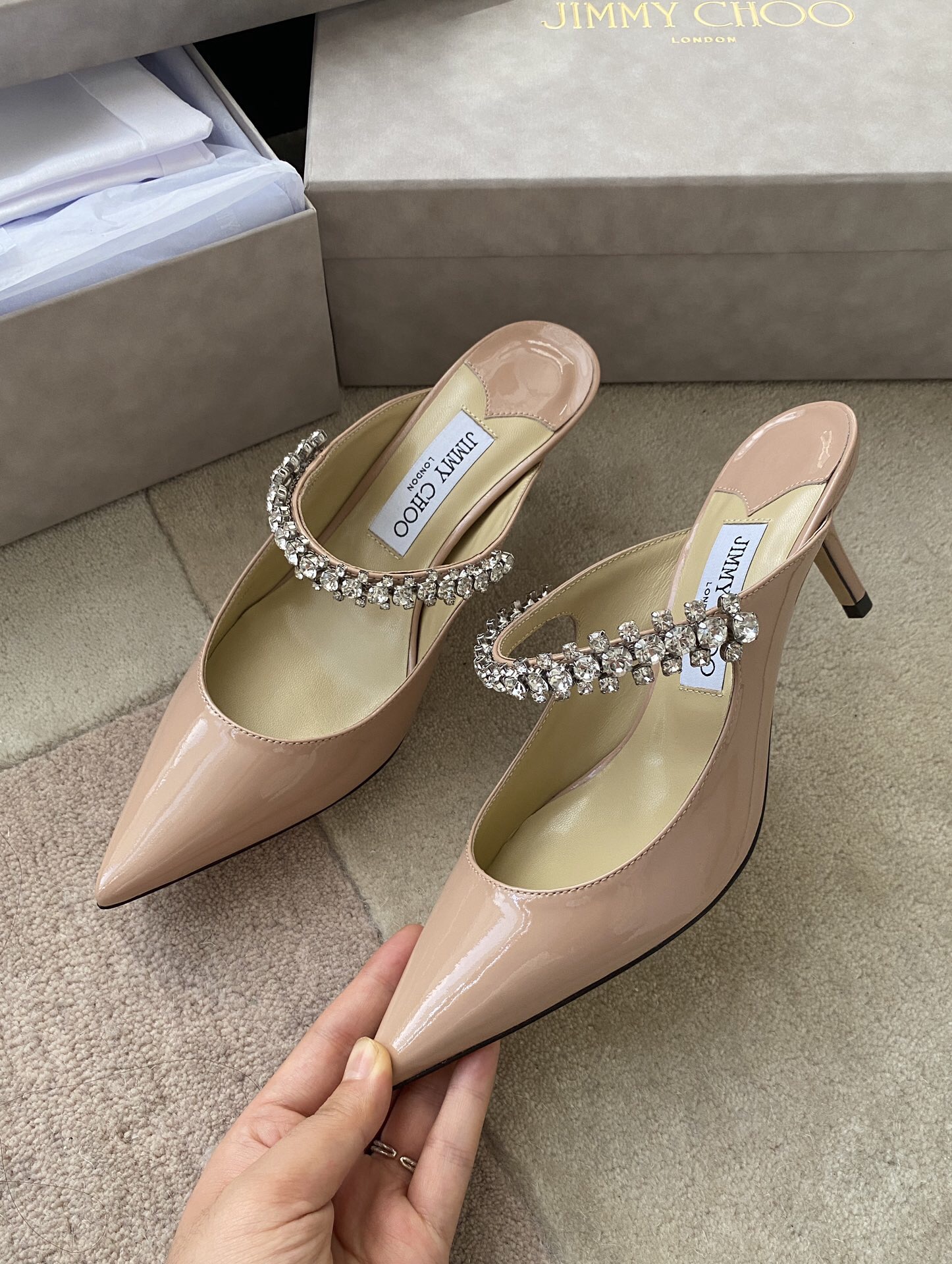 Jimmy Choo Bing 100 Ballet Pink Patent Leather Mules with Crystal Strap - Image 4