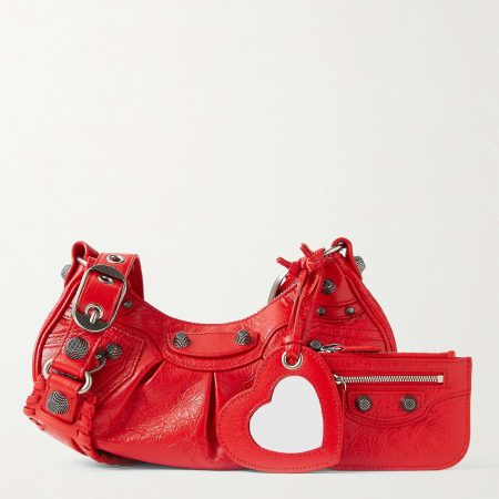 BALENCIAGA Le Cagole XS studded crinkled-leather shoulder bag red