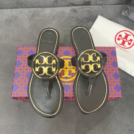 Tory Burch Leather Metal Double T Logo Flip-flops Sandals Slide - Image 4