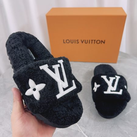 LV His & Hers Furry Slippers Sandals Black - Image 5