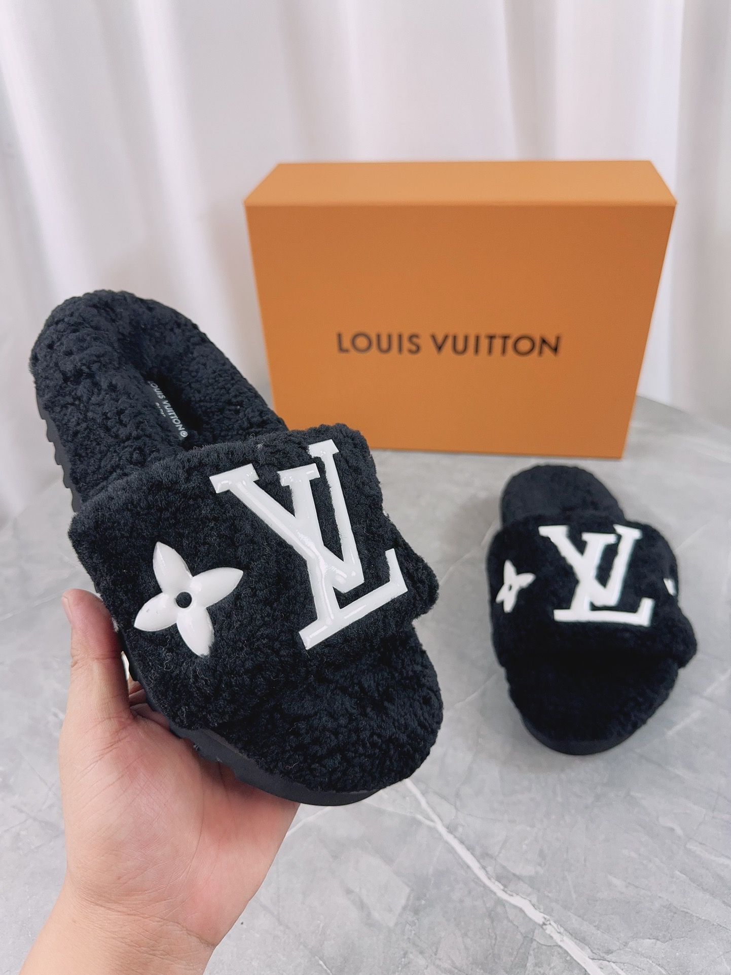 LV His & Hers Furry Slippers Sandals Black - Image 5