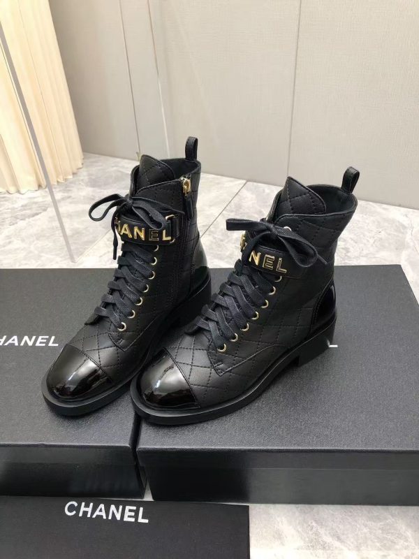 Chanel Qulited Lace Up Combat Boots Black