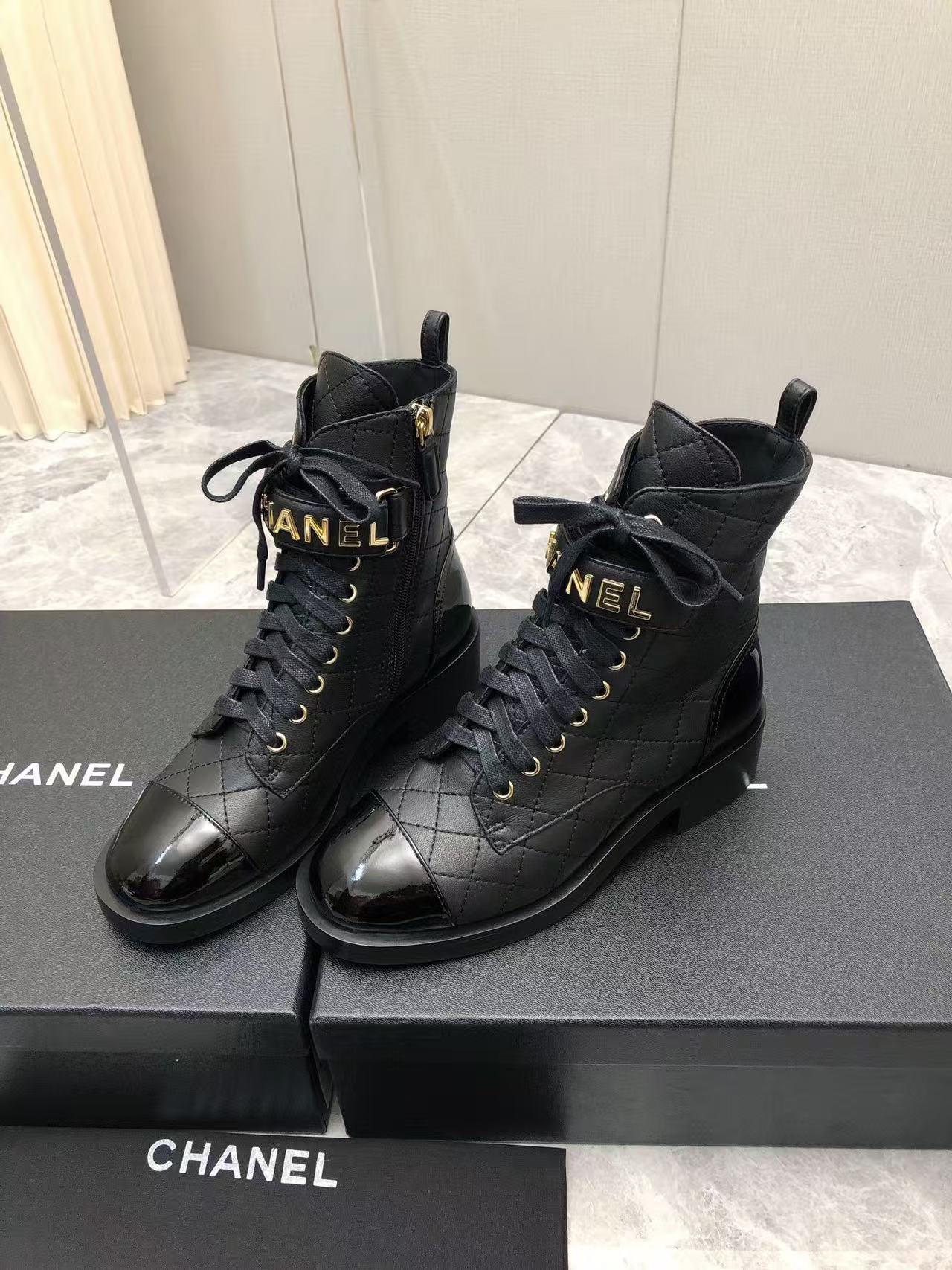 Chanel Qulited Lace Up Combat Boots Black - Image 4
