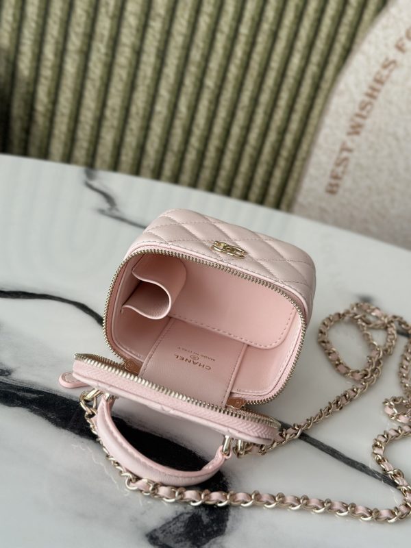 Chanel Lambskin Quilted Top Handle Mini Vanity Case With Chain Light Pink