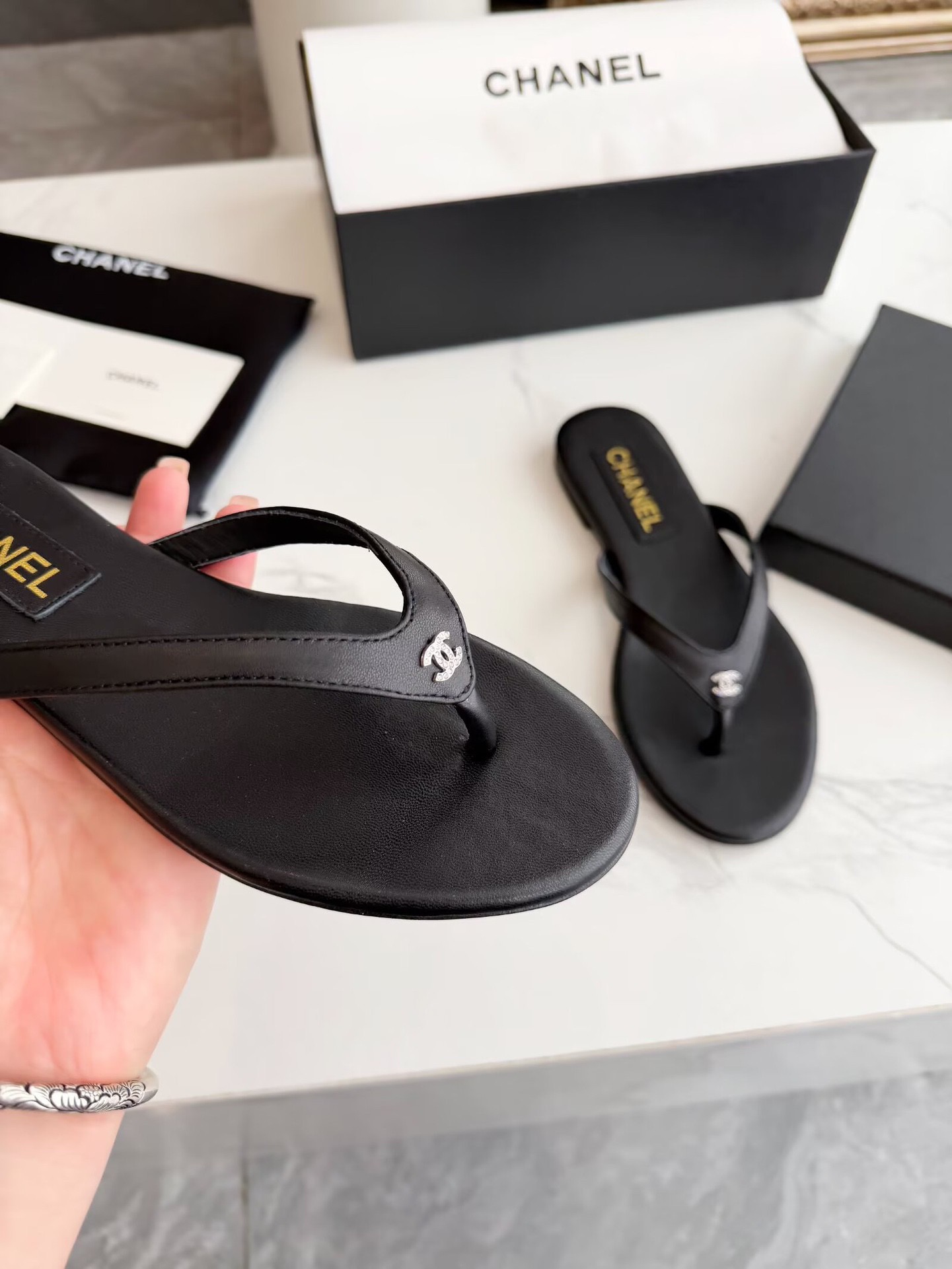 Chanel Black Thong CC Sandals - Image 7