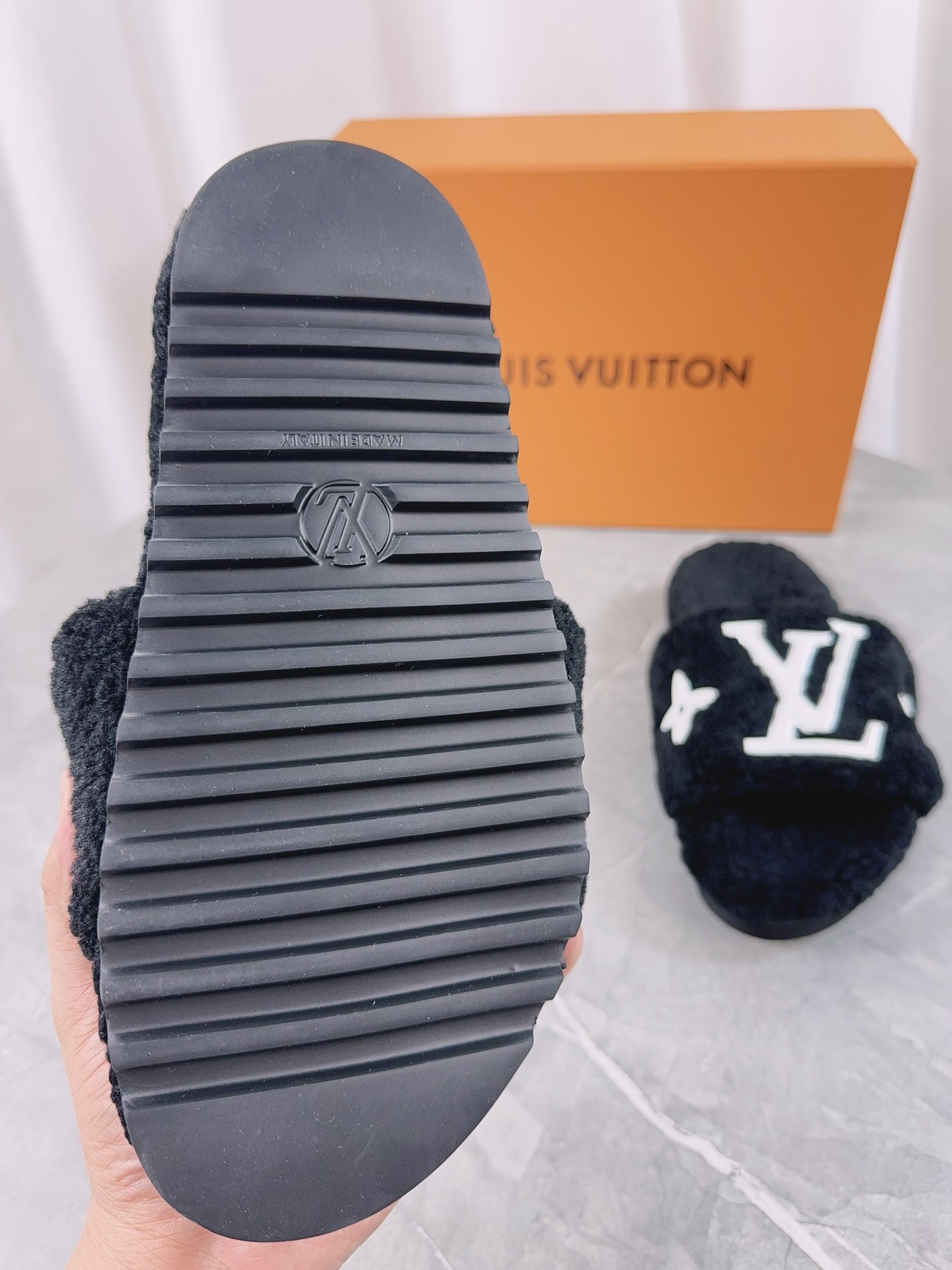 LV His & Hers Furry Slippers Sandals Black - Image 6
