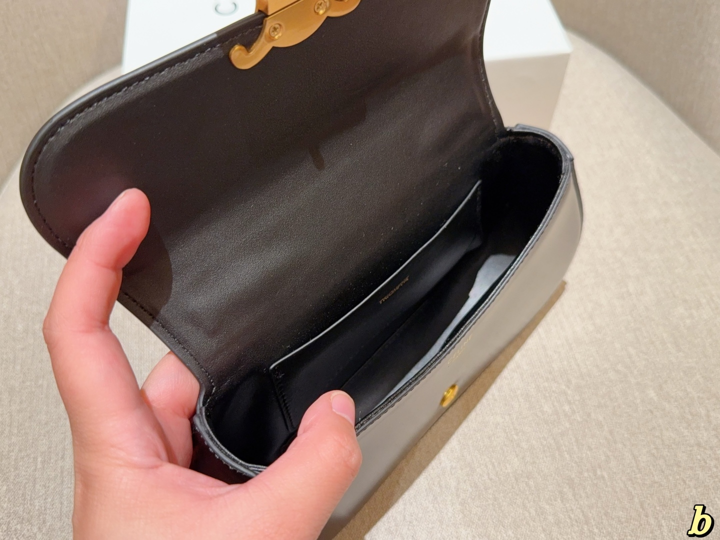 Celine Classic Flap Handbag in Black with Gold Logo - Image 4