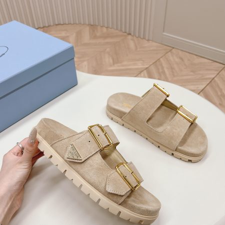 Prada Double Buckle Strap Slides 20 Light Brown Suede - Image 1
