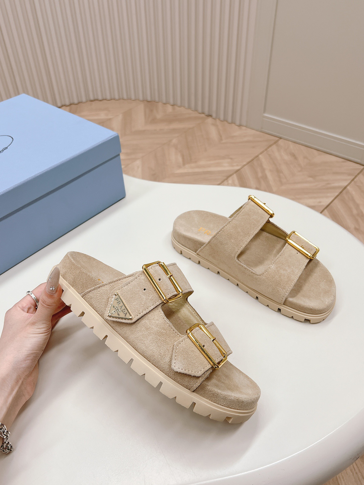 Prada Double Buckle Strap Slides 20 Light Brown Suede - Image 1