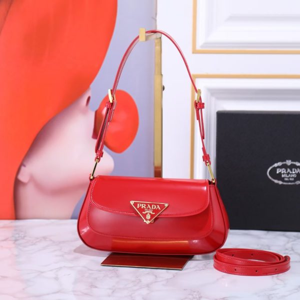 Prada Vernice Triangle Logo Flap Adjustable Strap Shoulder Bag Cherry