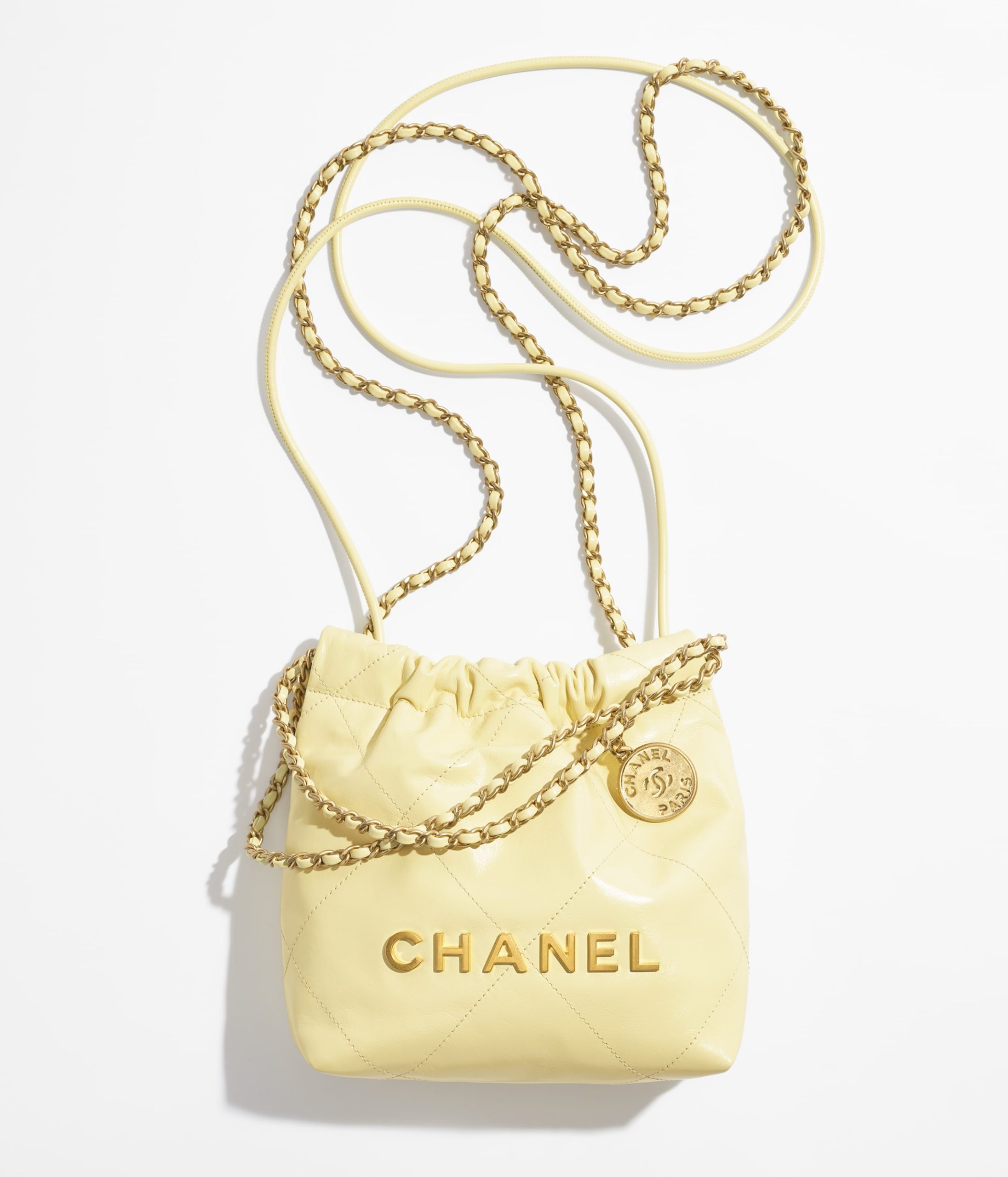 CHANEL 22 MINI HANDBAG Shiny Calfskin & Gold-Tone Metal Light Yellow - Image 1