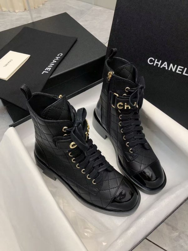 Chanel Qulited Lace Up Combat Boots Black