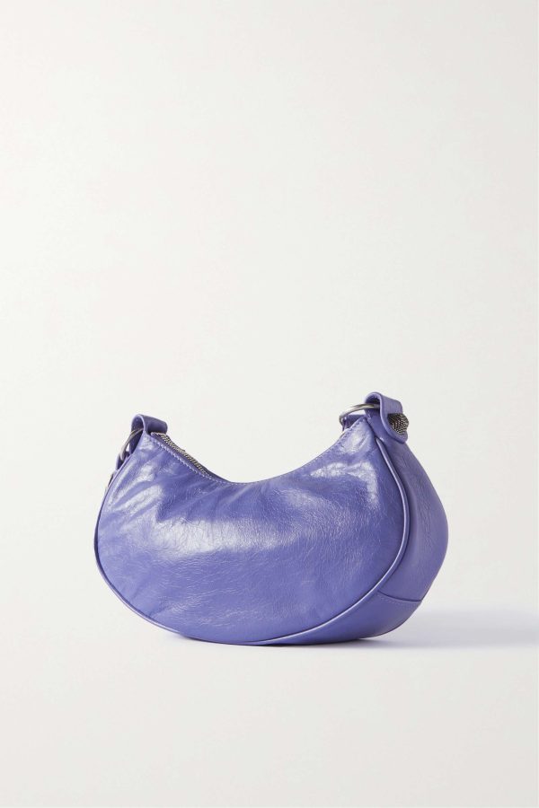 BALENCIAGA Le Cagole XS studded crinkled-leather shoulder bag purple