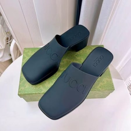 Gucci Shoes Open-Heel Bun Embossed Logo Chunky Heel Slide Sandal - Image 4