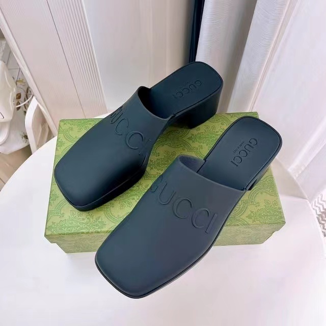 Gucci Shoes Open-Heel Bun Embossed Logo Chunky Heel Slide Sandal - Image 4