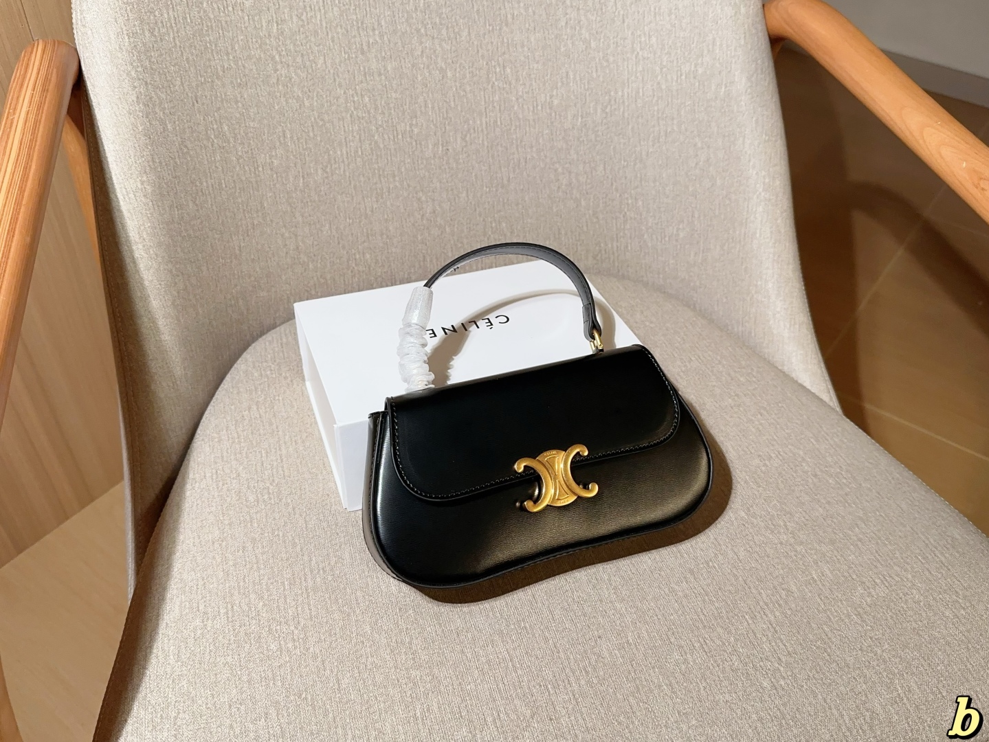 Celine Classic Flap Handbag in Black with Gold Logo - Image 2