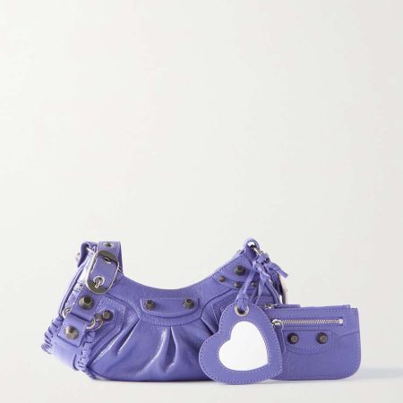 BALENCIAGA Le Cagole XS studded crinkled-leather shoulder bag purple