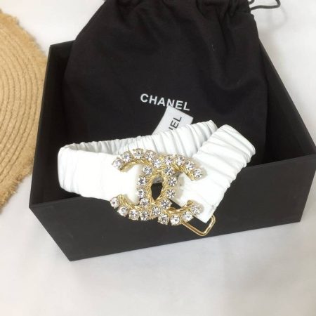Chanel Belt Velvet White With Double C Buckle Gold-Toned and Strass Hardware Women Belt 30MM - Image 3