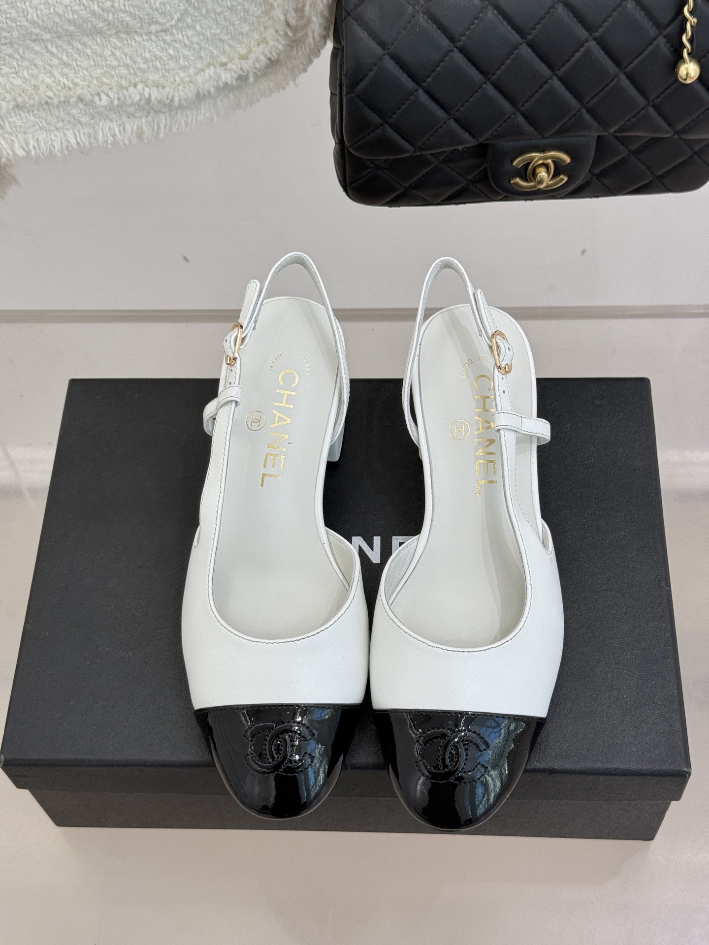 Chanel Black and White Slingback Heels - Image 4