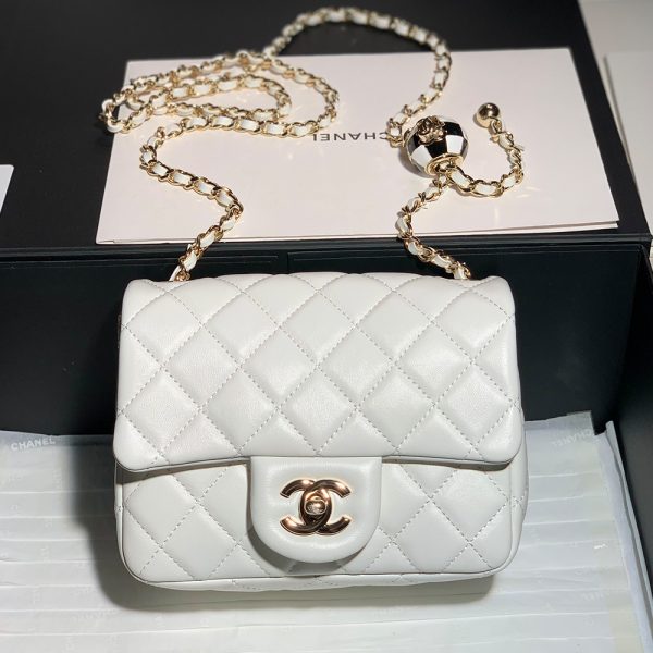 Chanel Classic Flag Bag Pearl Crush Mini Square Flap Bag White Light Gold Hardware