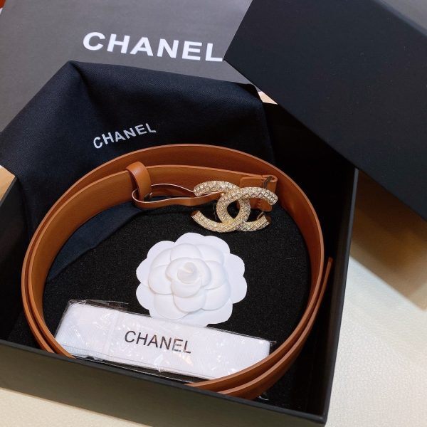Chanel Brown Belt With Double C Buckle Gold-Toned and Strass Metal Women Belt 30MM