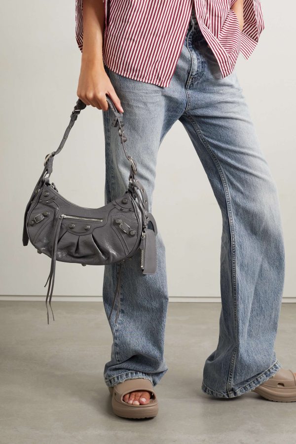 BALENCIAGA Le Cagole small studded crinkled-leather shoulder bag Grey