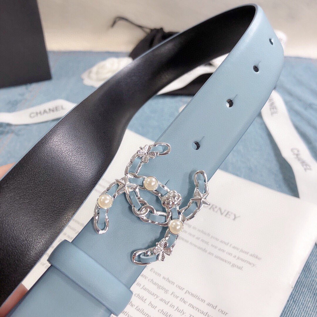 Chanel Belt With Double C Buckle Light Blue Silver Toned Hardware Women Belt 30MM - Image 2