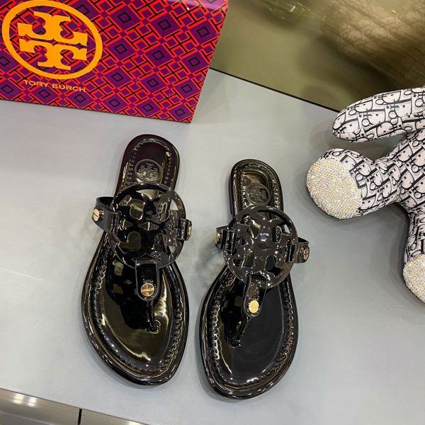 Tory Burch Leather Metal Double T Logo Flip-flops Sandals Slide