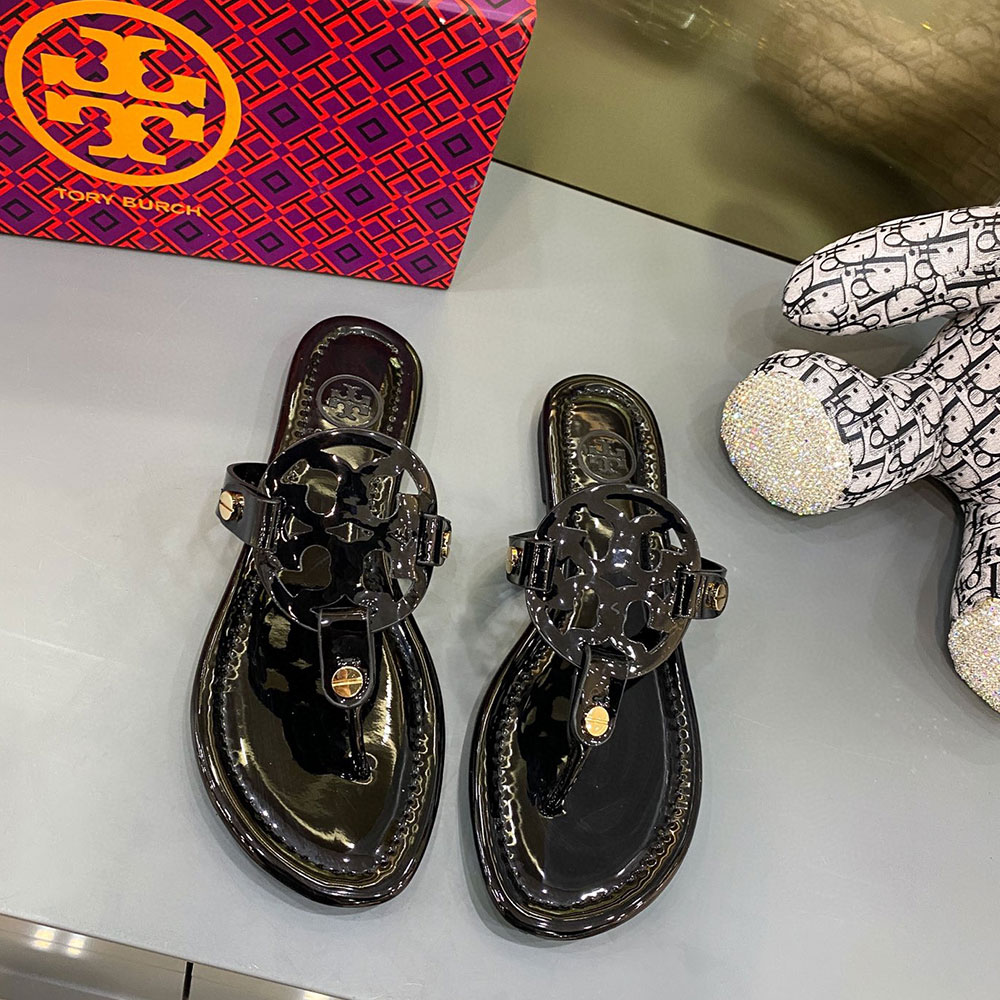 Tory Burch Leather Metal Double T Logo Flip-flops Sandals Slide - Image 7