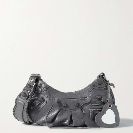 BALENCIAGA Le Cagole small studded crinkled-leather shoulder bag Grey