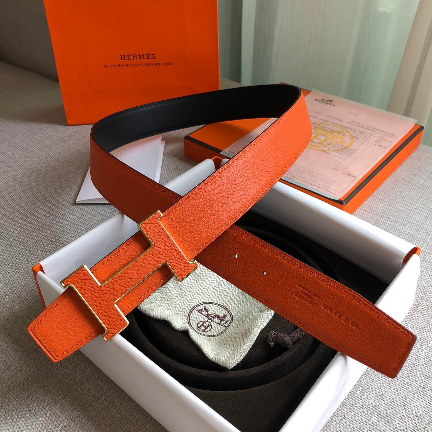 Hermes H Guillochee Belt Buckle & Reversible Strap Orange For Women, Women Belt 380MM - Image 1