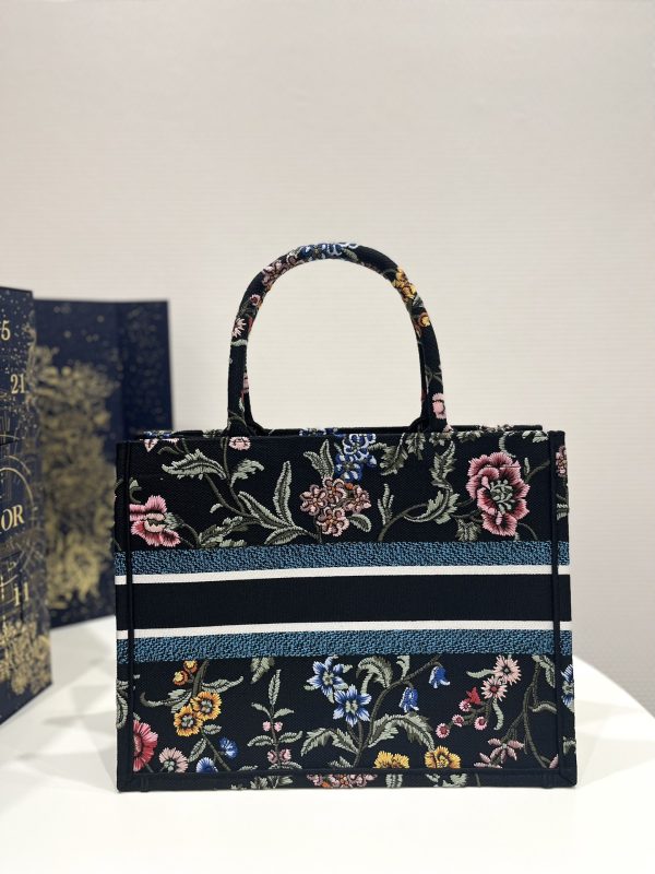 Dior Book Tote Medium Black Multicolor DiorPetitesFleurs Embroidery