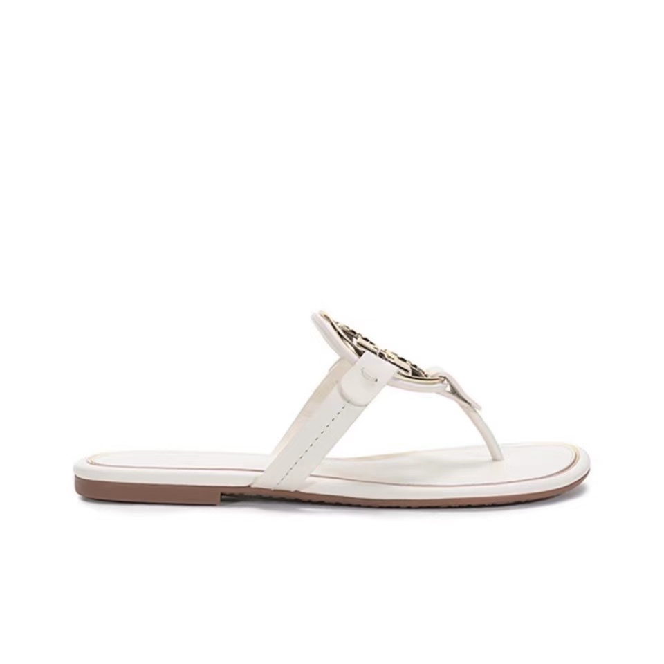 Tory Burch Leather Metal Double T Logo Flip-flops Sandals Slide - Image 1