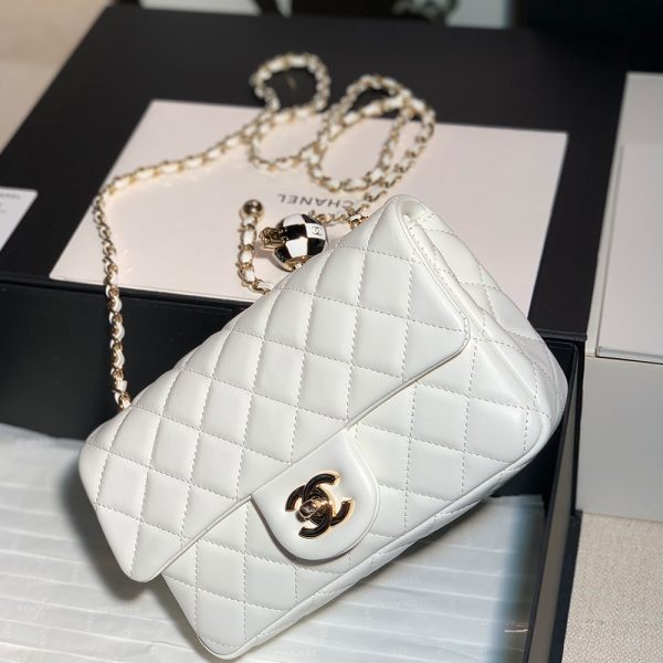 Chanel Classic Flag Bag Pearl Crush Mini Square Flap Bag White Light Gold Hardware