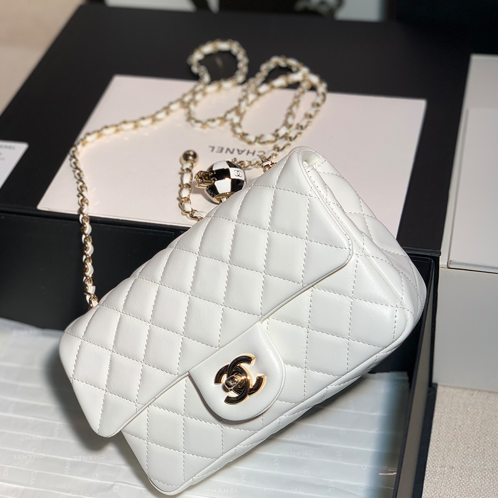 Chanel Classic Flag Bag Pearl Crush Mini Square Flap Bag White   Light Gold Hardware - Image 13