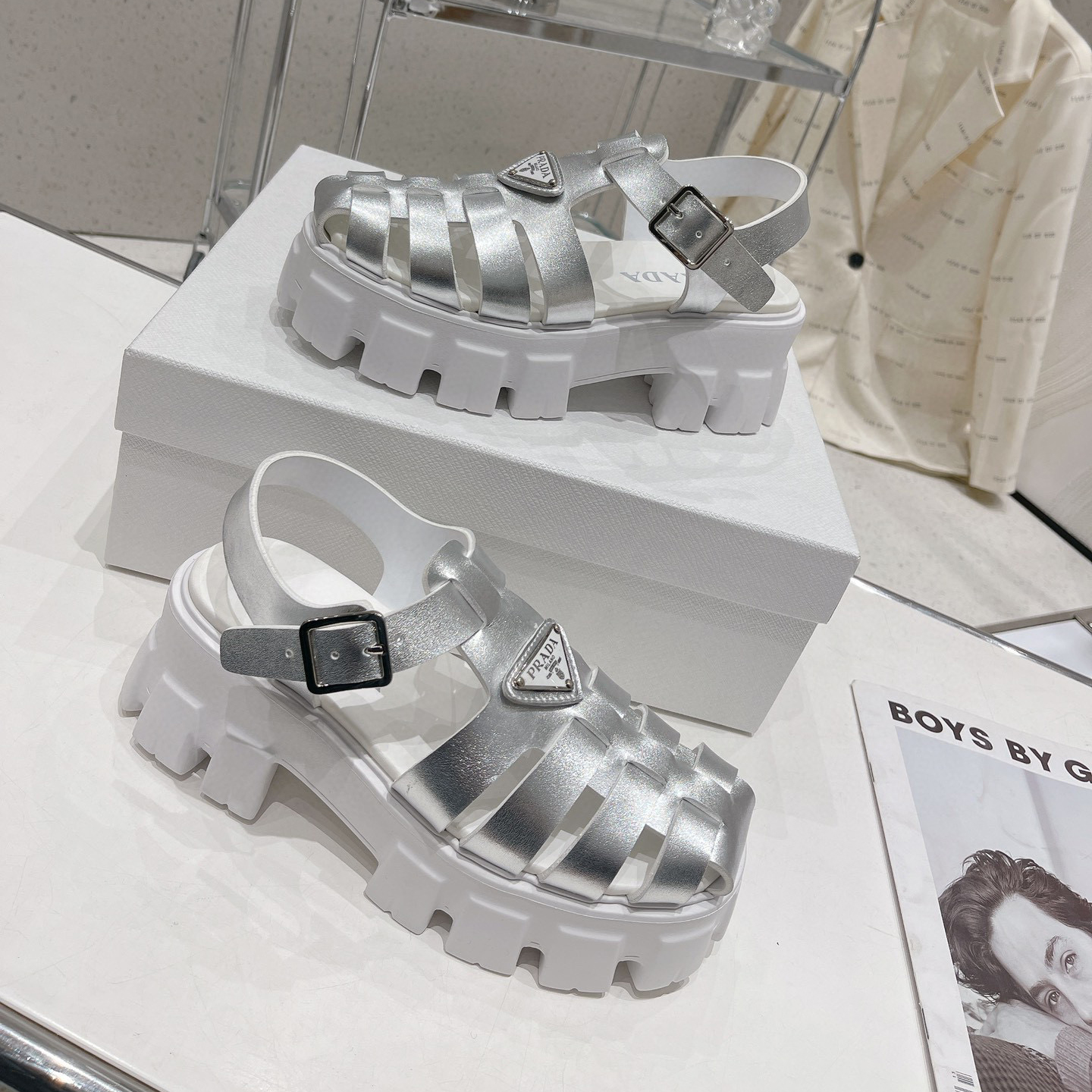 Prada  Leather Round Head Buckle Sandals Slide - Image 4