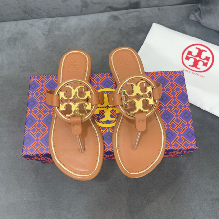 Tory Burch Leather Metal Double T Logo Flip-flops Sandals Slide - Image 5